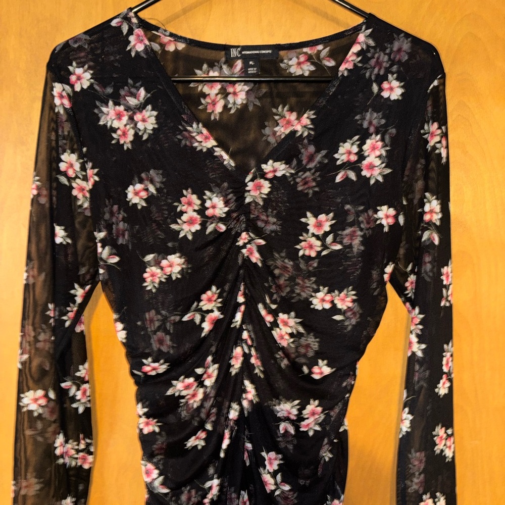 INC International Concepts Black and Pink Floral Blouse - Picture 2 of 5